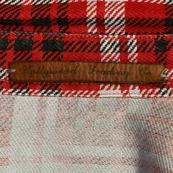 HOLLYWOOD TRADING CO L Red Black White Plaid Distressed Cotton Long Sleeve Shirt - Picture 6 of 6